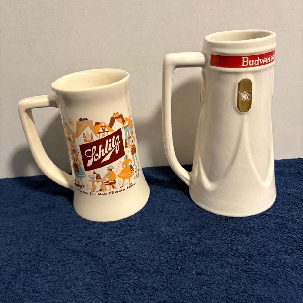 2 Vintage 1960s Beer Mug Stein Budweiser Schlitz Bar Decor McCoy Pottery Brewery